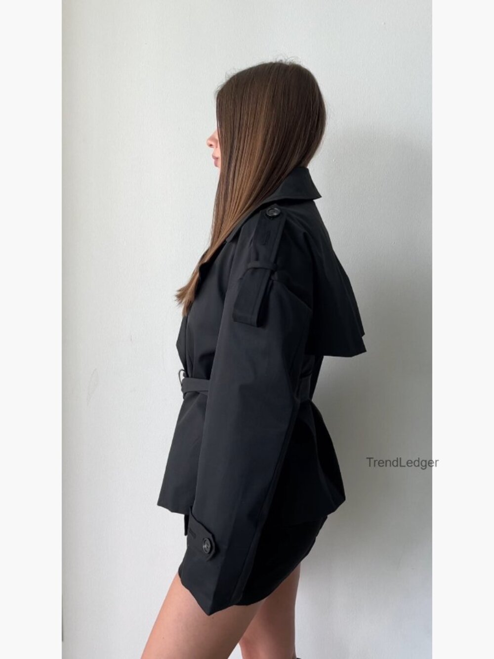 Cropped Trench Coat with Belt Double Breasted Short Jacket Fall Outerwear - Picture 7 of 7